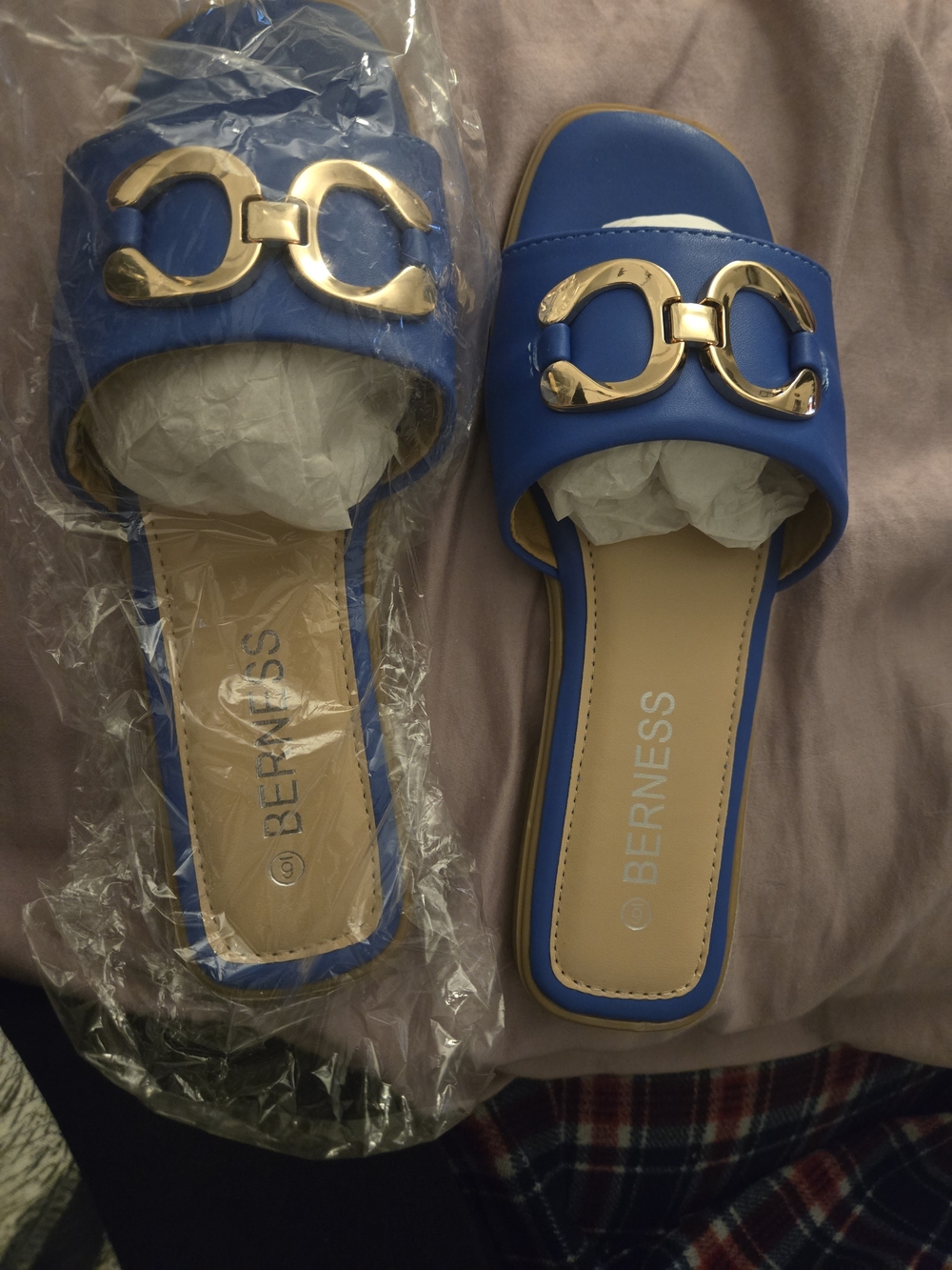 BERNESS Royal Blue Slide Sandals with Gold Accent